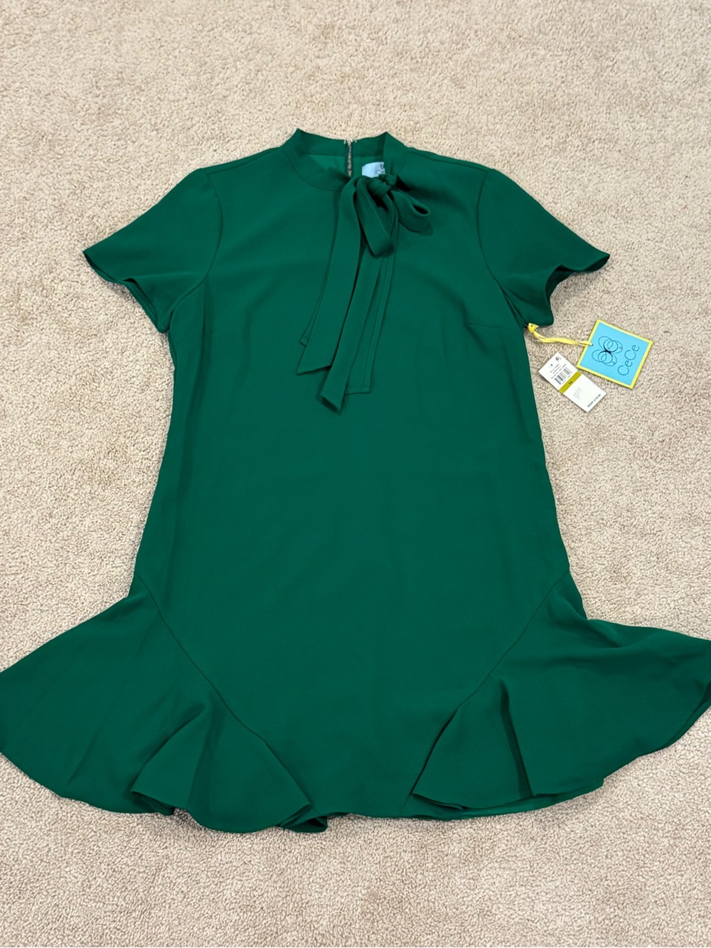 CeCe Emerald Green Tie-Neck Ruffle Hem Mini Dress